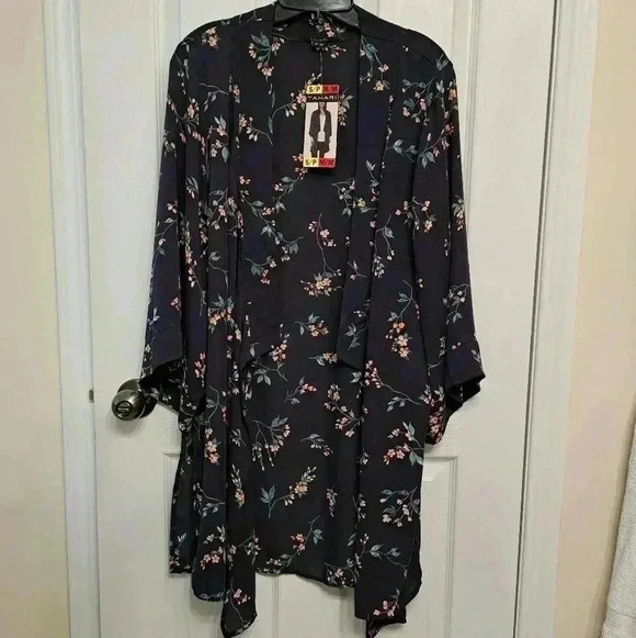 New Tahari Floral Open Top Kimono Style Blue Small Medium Lightweight Shirt - Picture 13 of 16